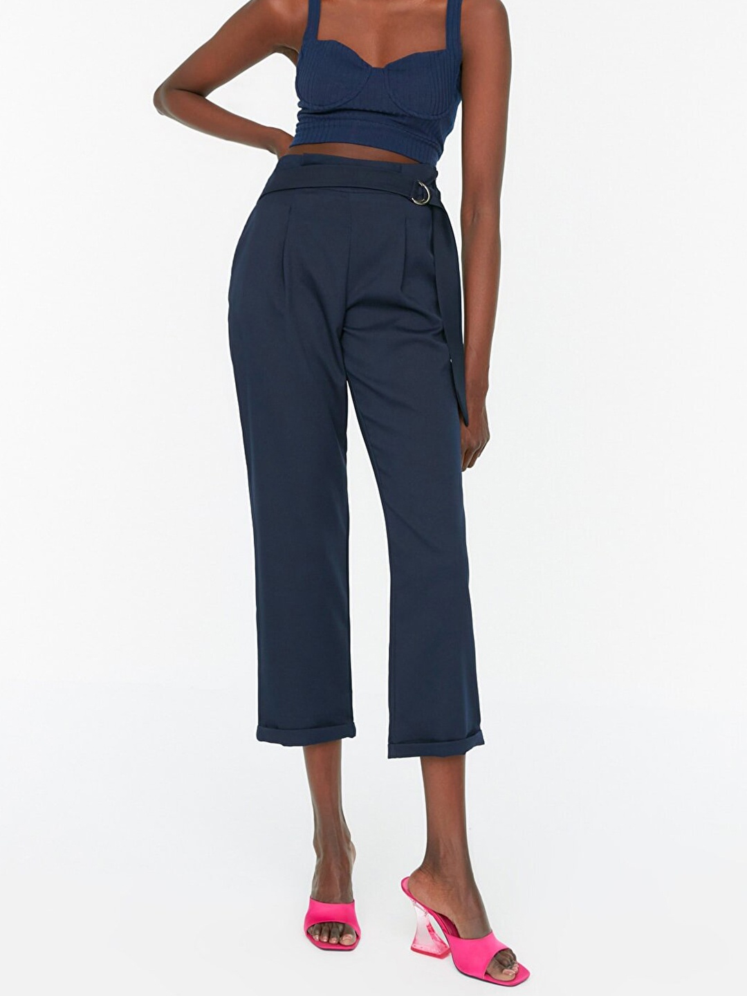 

Trendyol Women Navy Blue Solid Straight Fit High-Rise Pleated Cropped Trousers
