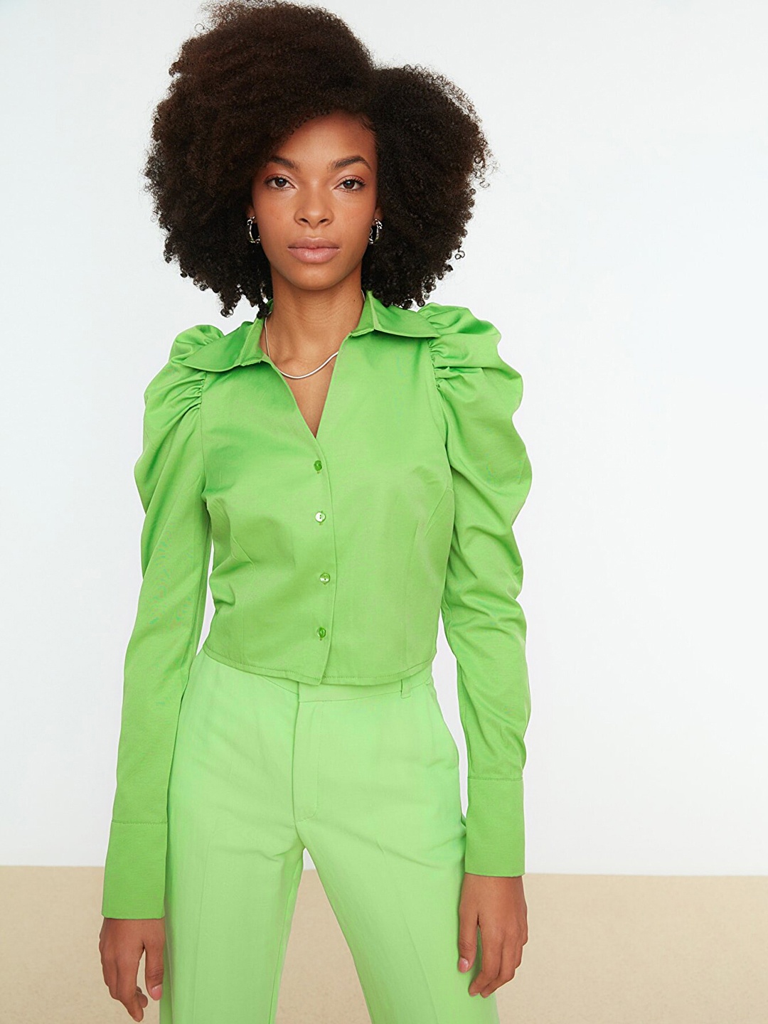 

Trendyol Women Green Solid Casual Shirt with Puff Sleeves