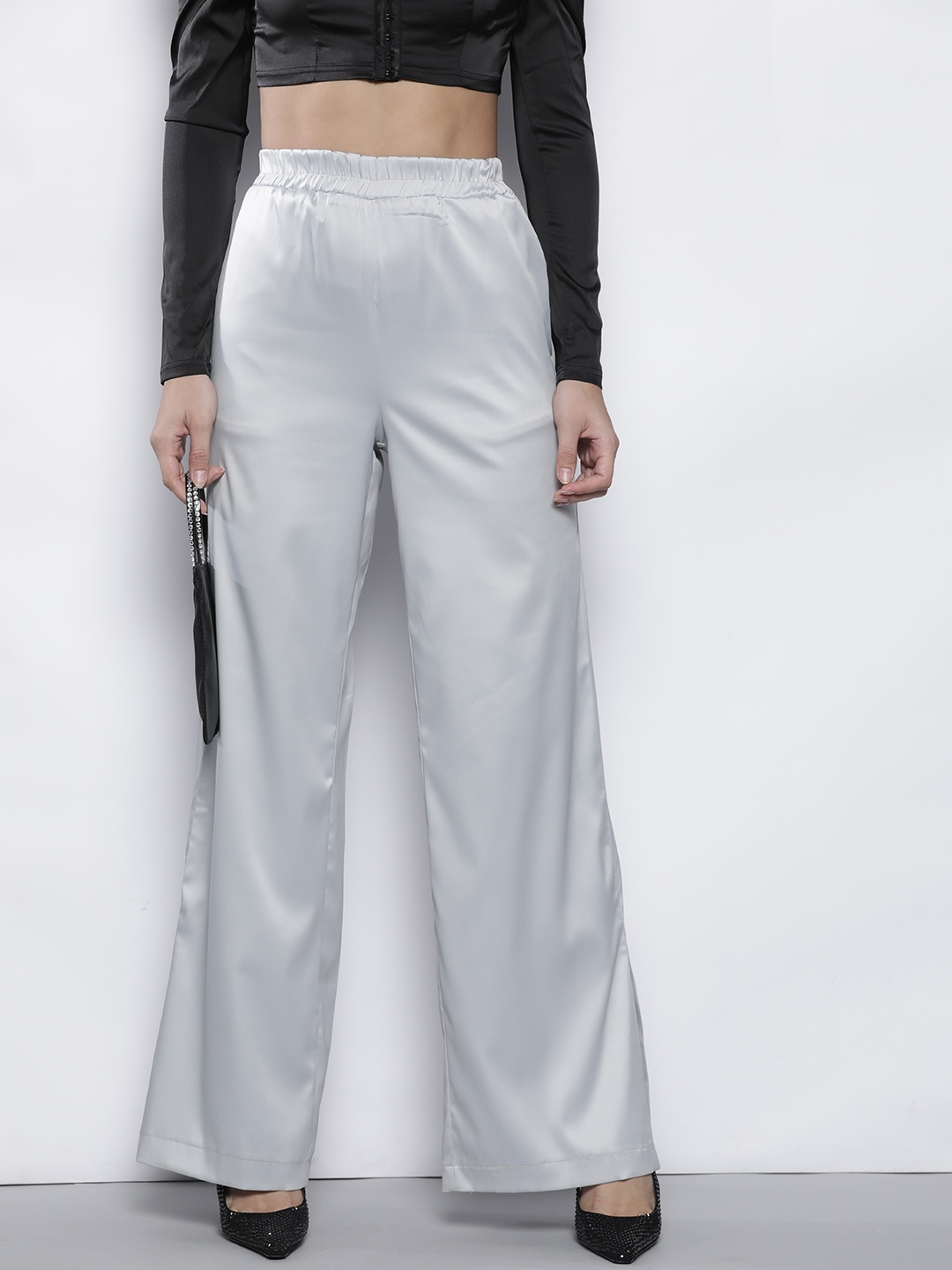 

Trendyol Women Grey Satin Finish High-Rise Parallel Trousers with Side Slits