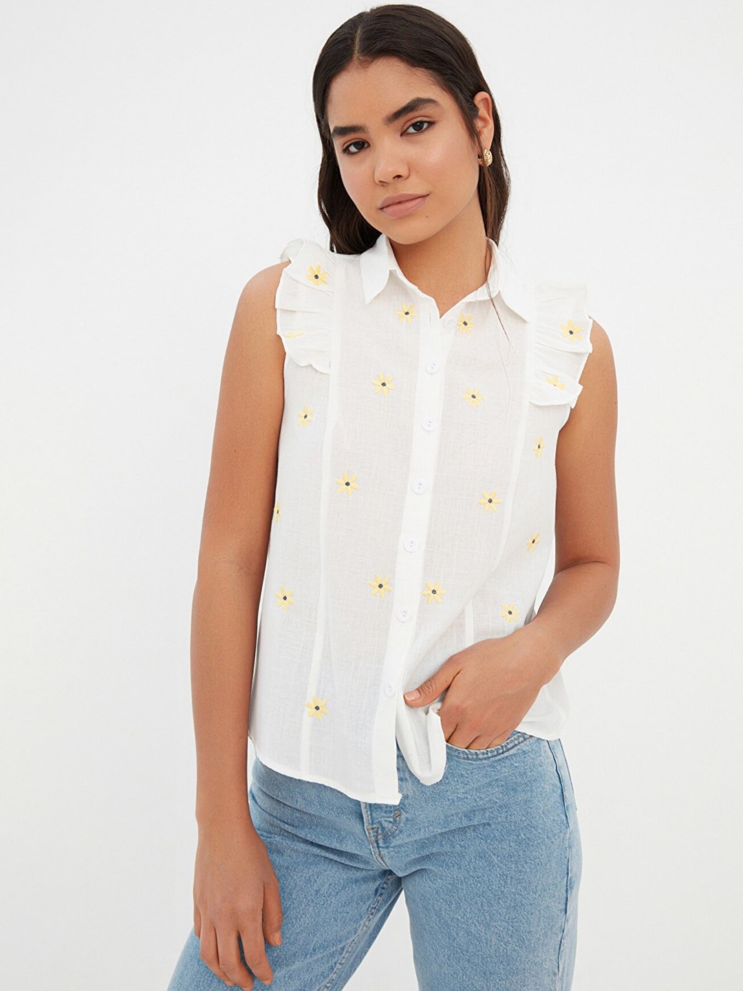 

Trendyol Women Off White Floral Embroidered Ruffle Detail Casual Shirt
