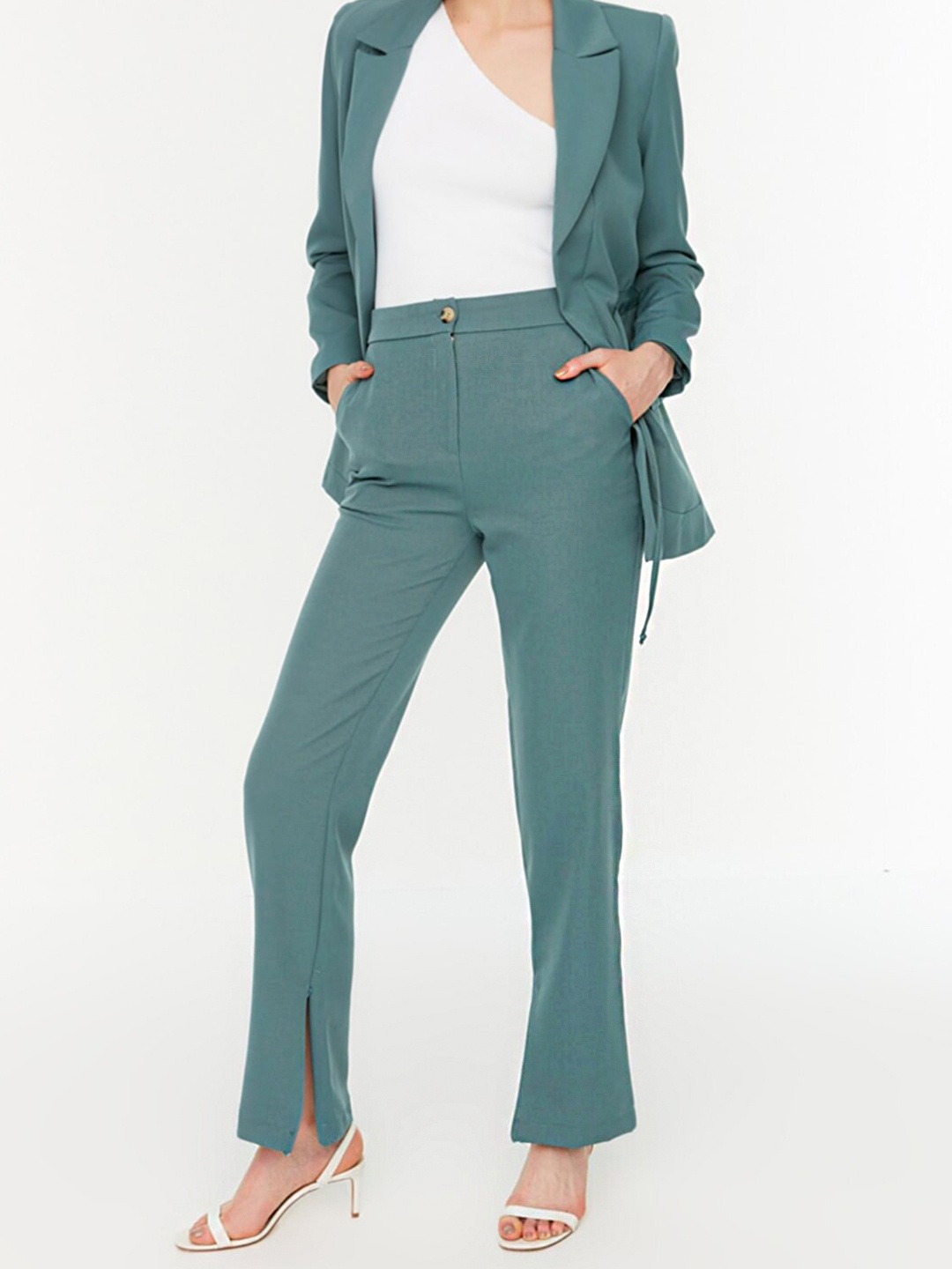 

Trendyol Women Mint Green Straight Fit High-Rise Trousers