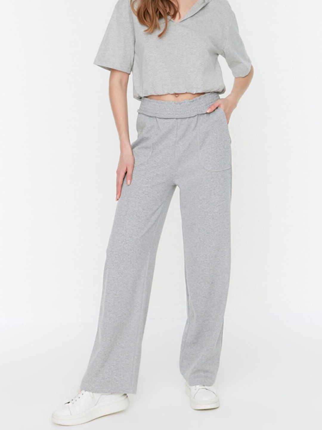 

Trendyol Women Grey Solid Wide-Leg Flared High-Rise Trousers
