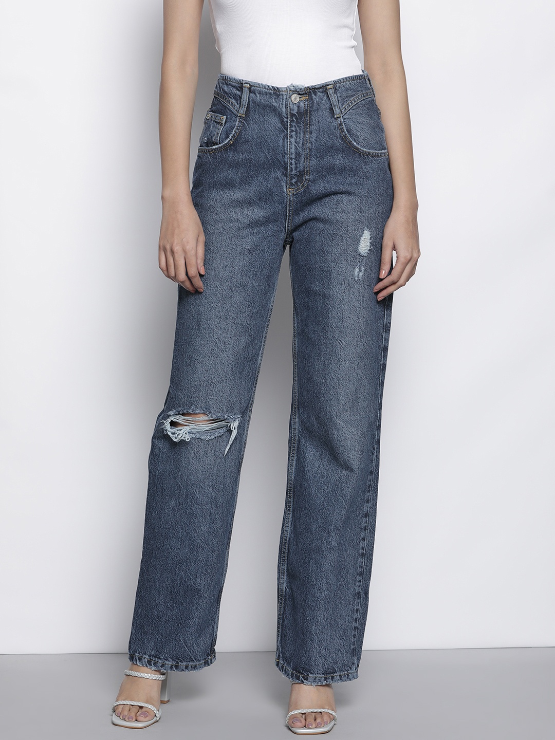 

Trendyol Women Blue Wide Leg High-Rise Mildly Distressed Light Fade Jeans