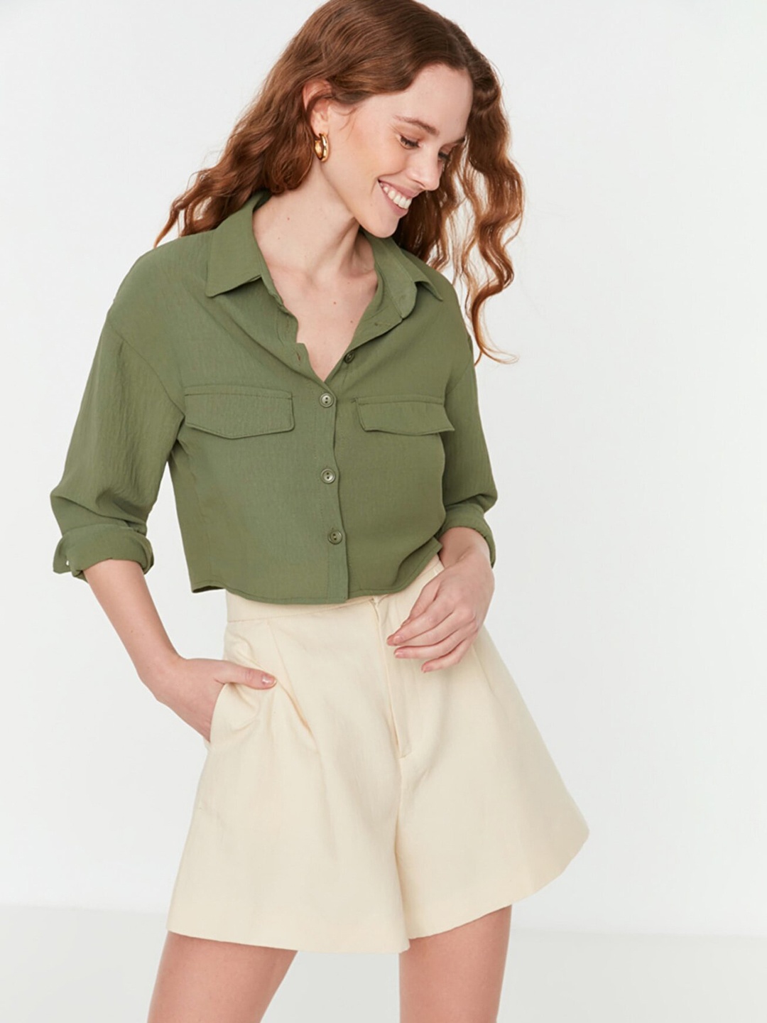 

Trendyol Women Olive Green Solid Pocket Detail Casual Shirt