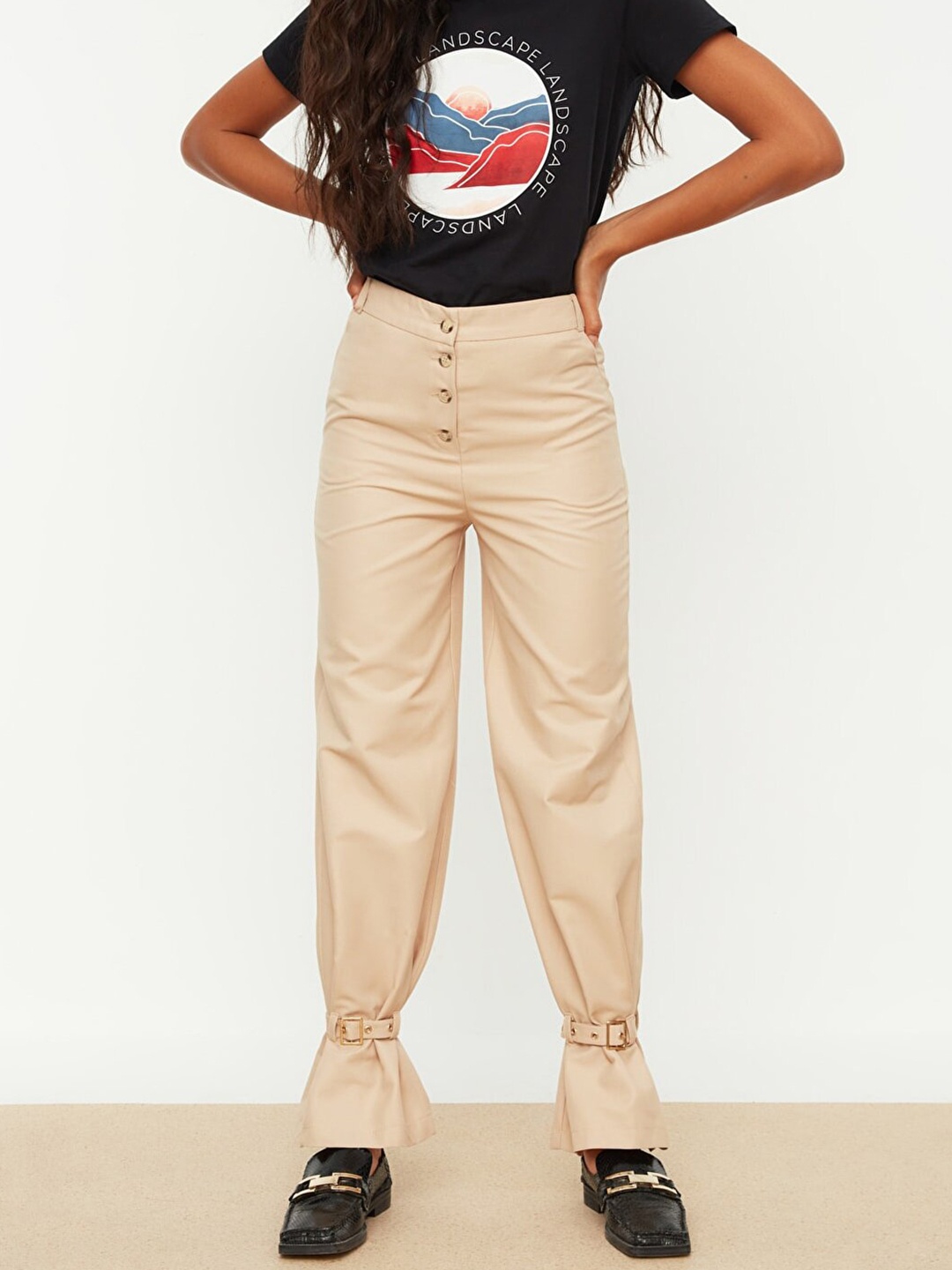 

Trendyol Women Beige Solid High-Rise Trousers with 2 Calf Fastening Belts