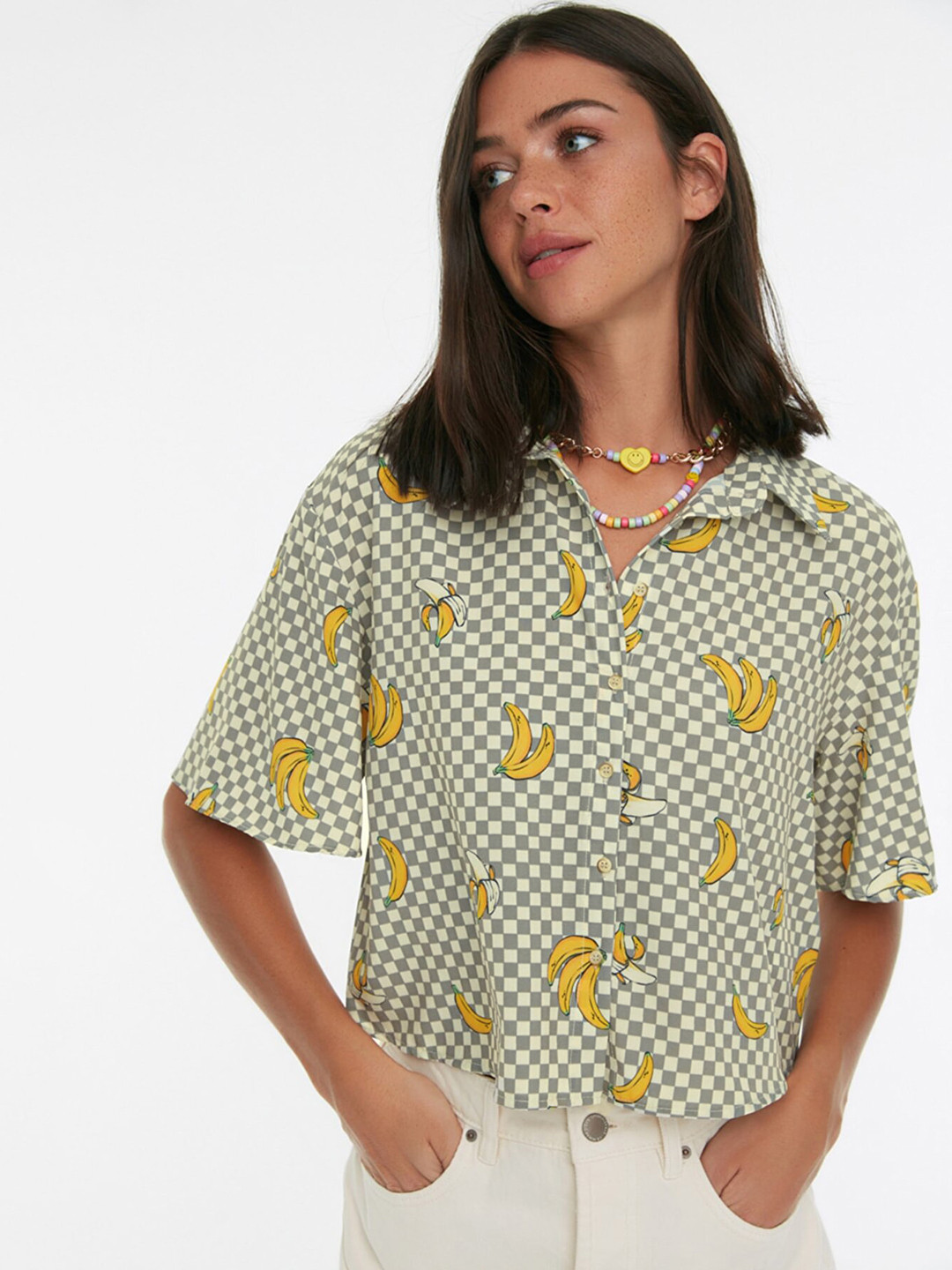 

Trendyol Women Grey & Off-White Printed Checked Casual Shirt
