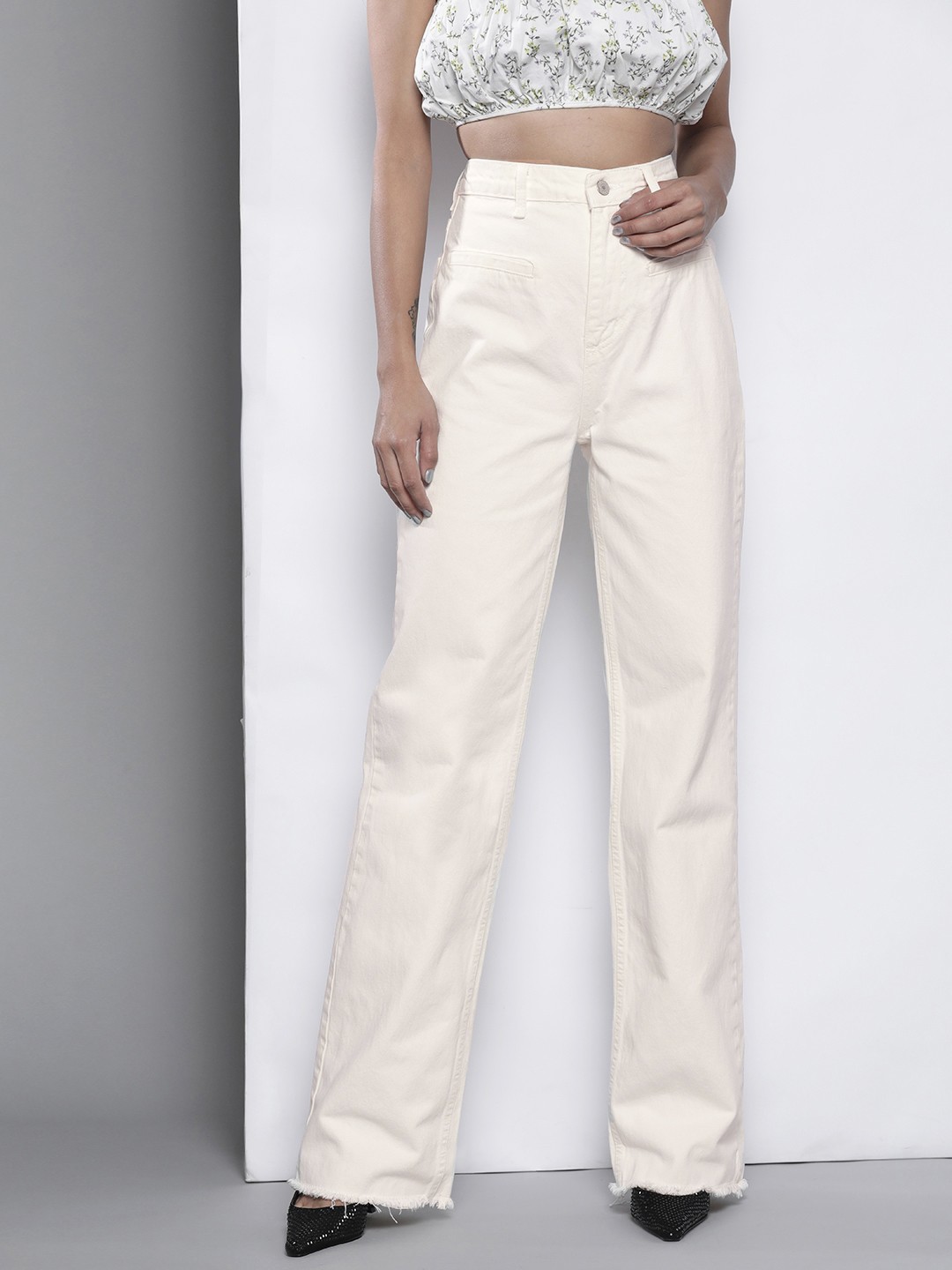 

Trendyol Women Off White Solid High-Rise Pure Cotton Wide Leg Jeans