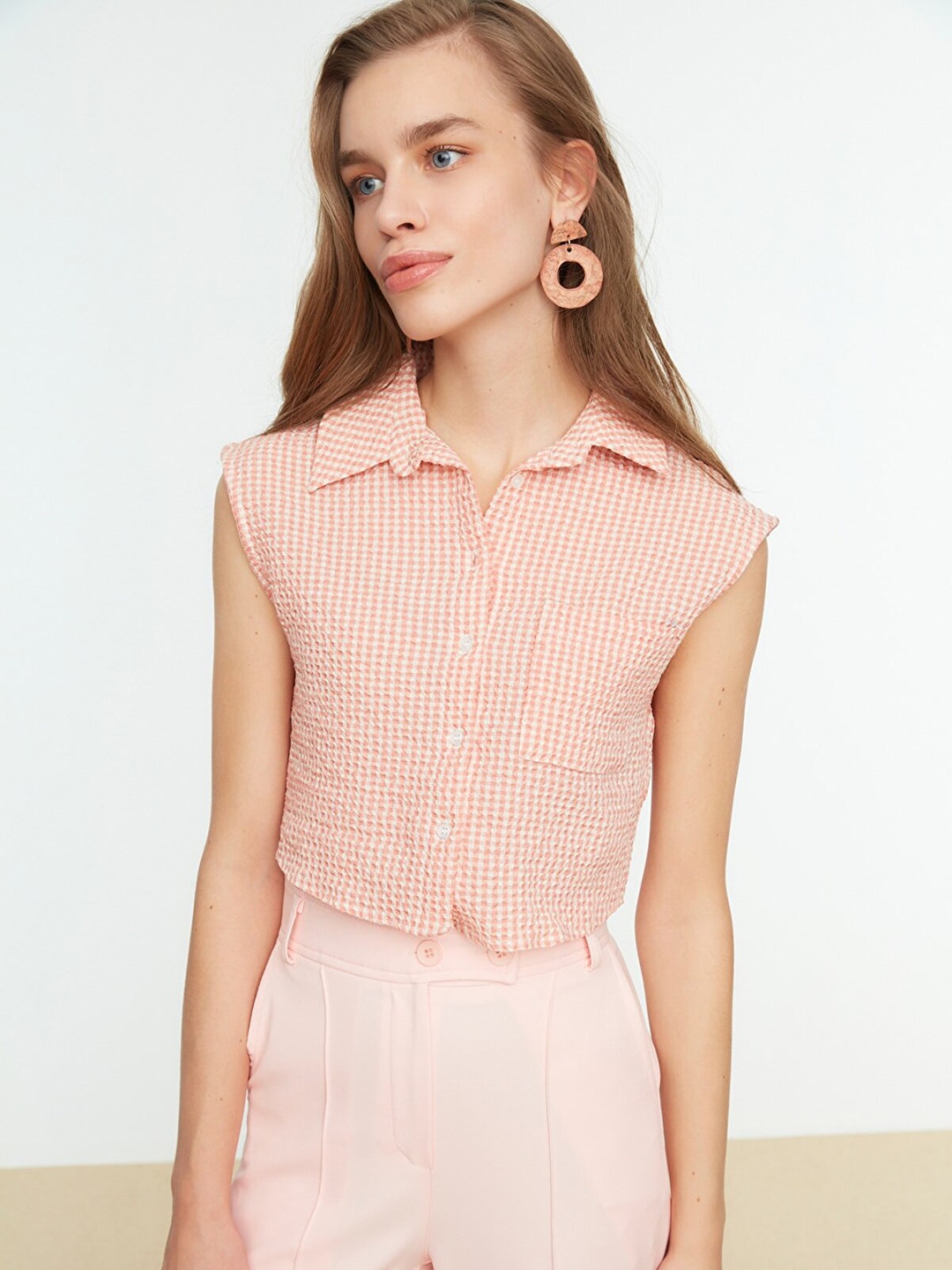 

Trendyol Women Orange & White Micro Checked Casual Shirt