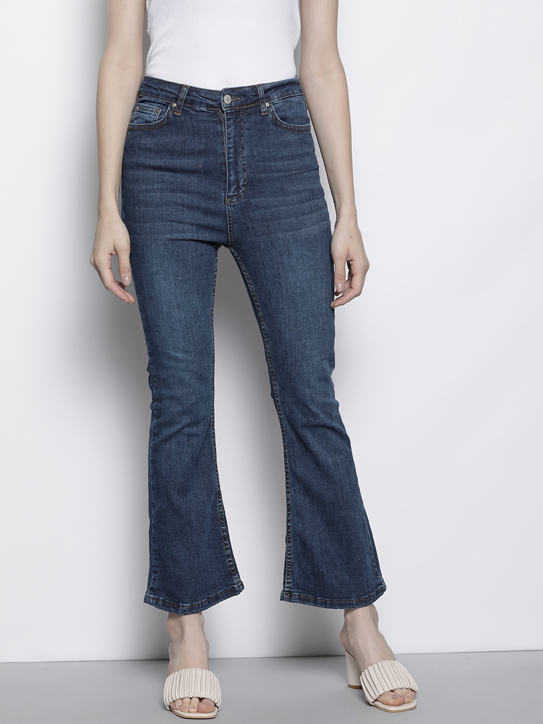 

Trendyol Women Navy Blue Flared High-Rise Light Fade Stretchable Jeans