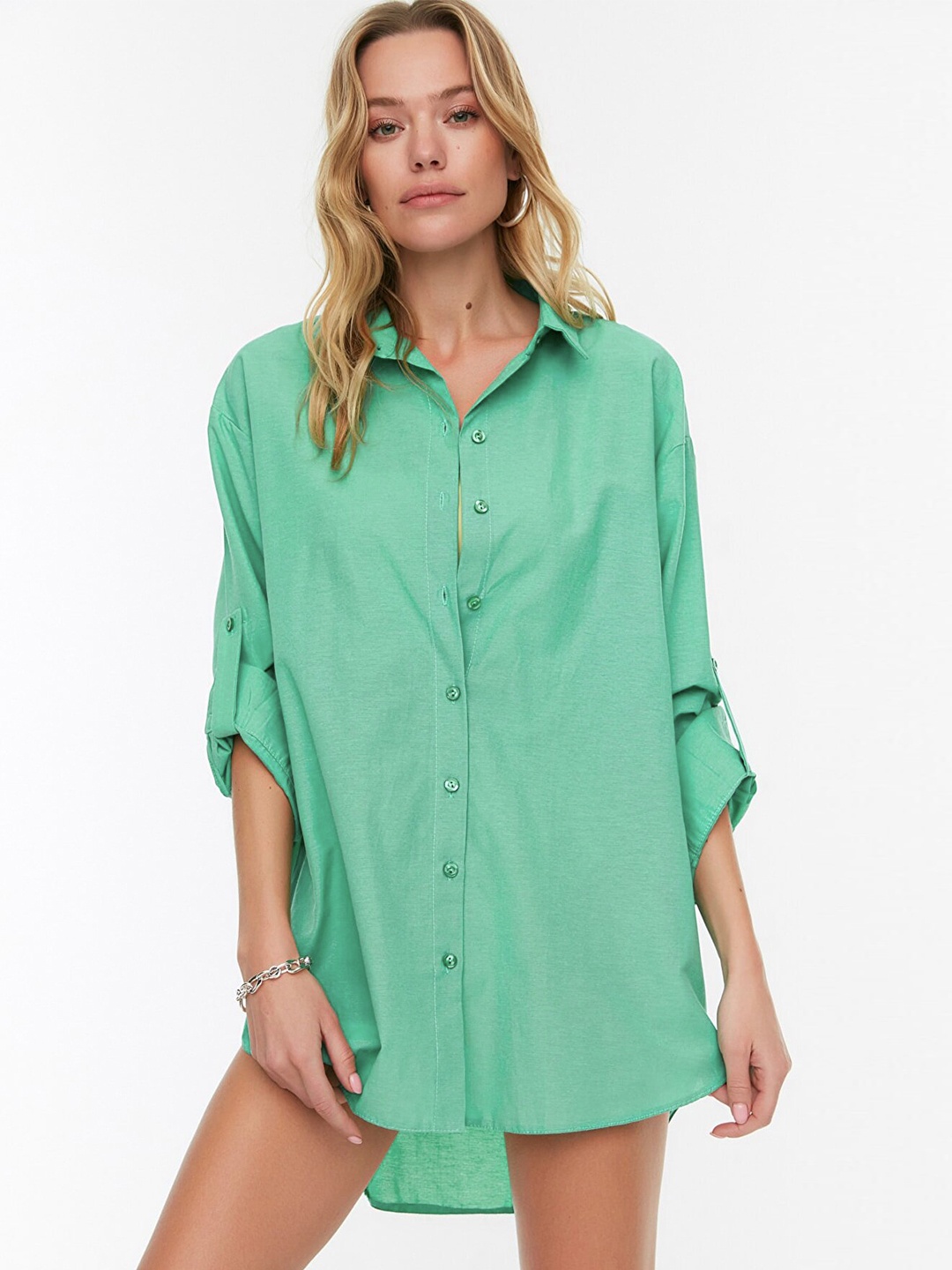 

Trendyol Women Green Solid Longline Casual Shirt