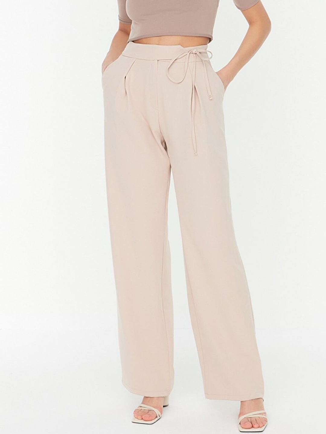

Trendyol Women Beige Straight Fit High-Rise Pleated Trousers