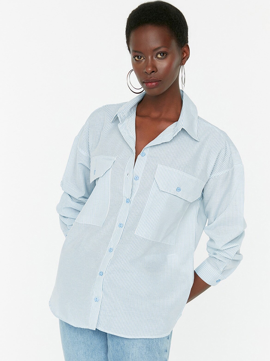 

Trendyol Women Blue & White Striped Casual Shirt