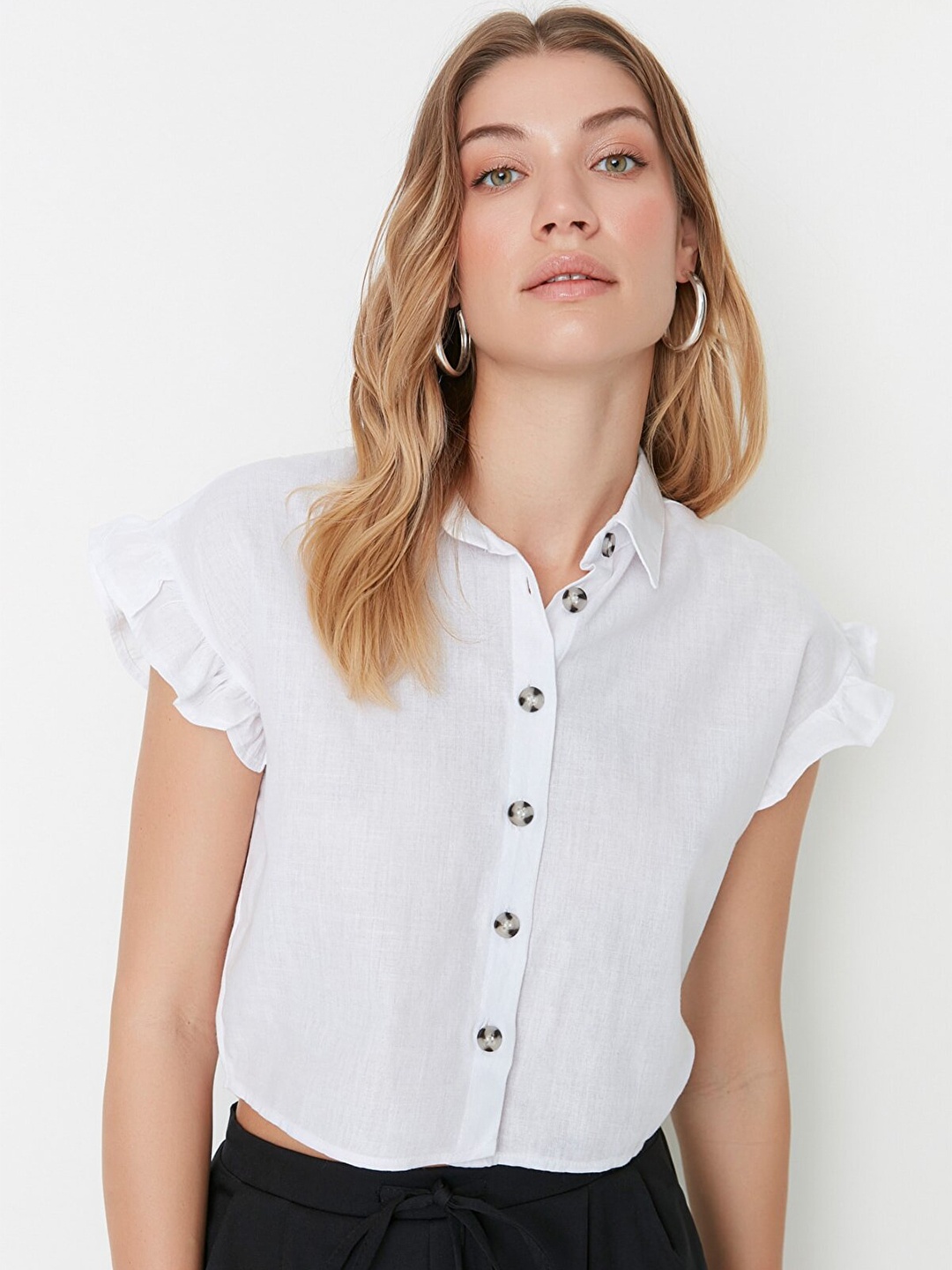 

Trendyol Women Off White Pure Cotton Solid Crop Casual Shirt
