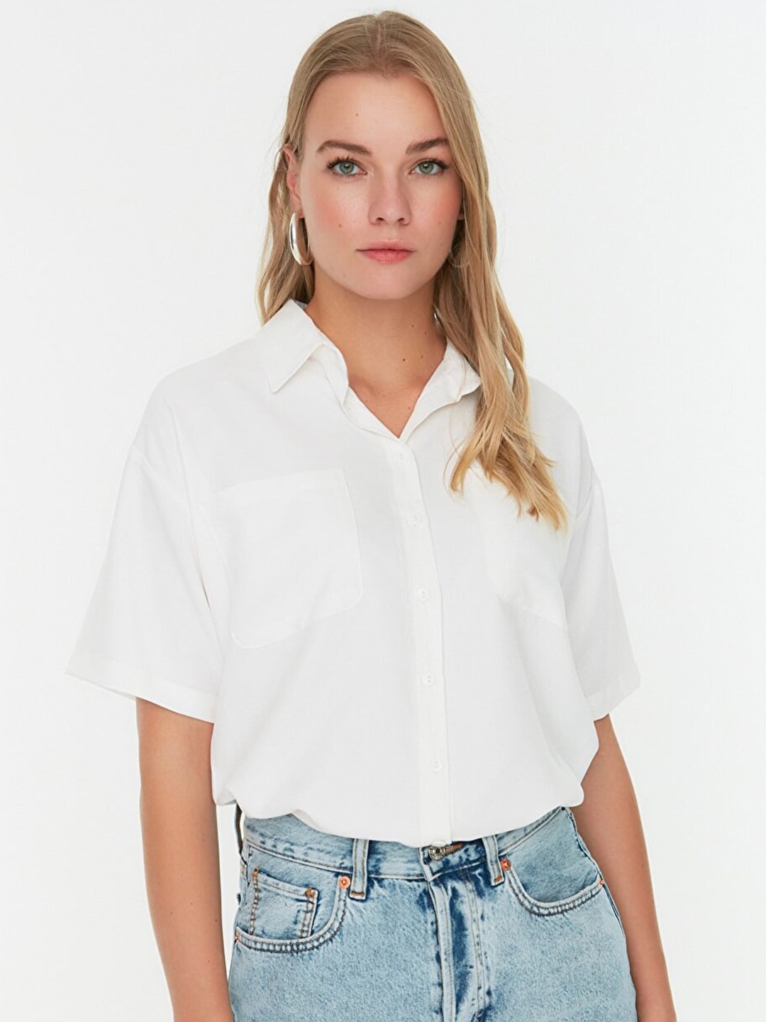 

Trendyol Women Off White Solid Casual Shirt
