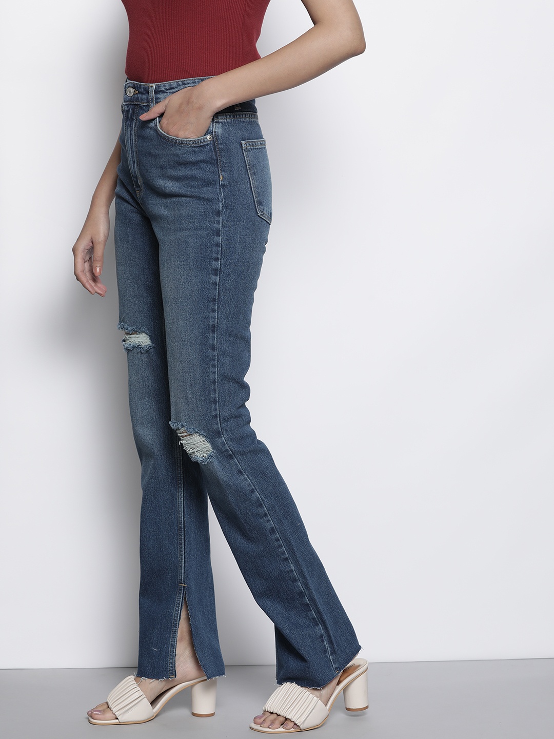 

Trendyol Women Navy Blue Flared High-Rise Low Distress Light Fade Jeans