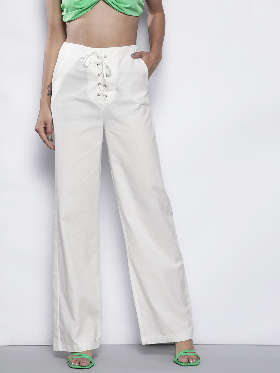 

Trendyol Women Off White Solid High-Rise Trousers