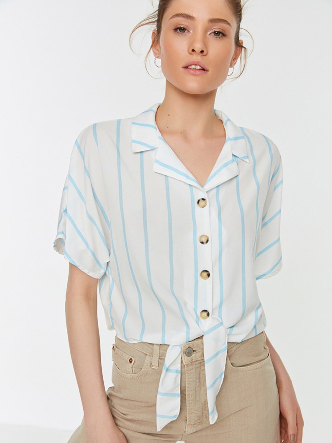 

Trendyol Women White & Blue Striped Casual Shirt