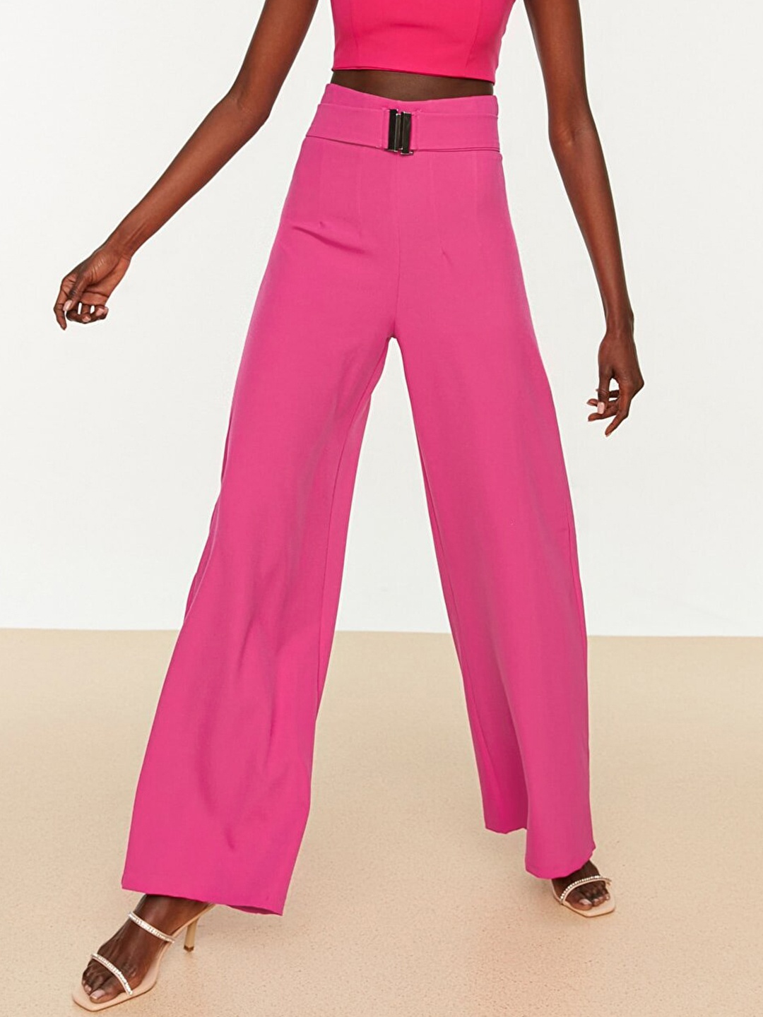 

Trendyol Women Fuchsia Pink Solid Wide Leg Parallel Trousers with Belt Applique
