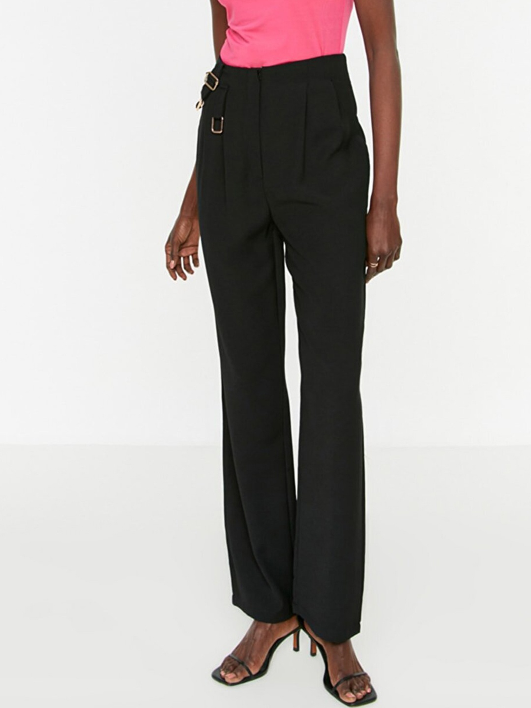 

Trendyol Women Black Solid High-Rise Pleated Parallel Trousers with Belt Applique