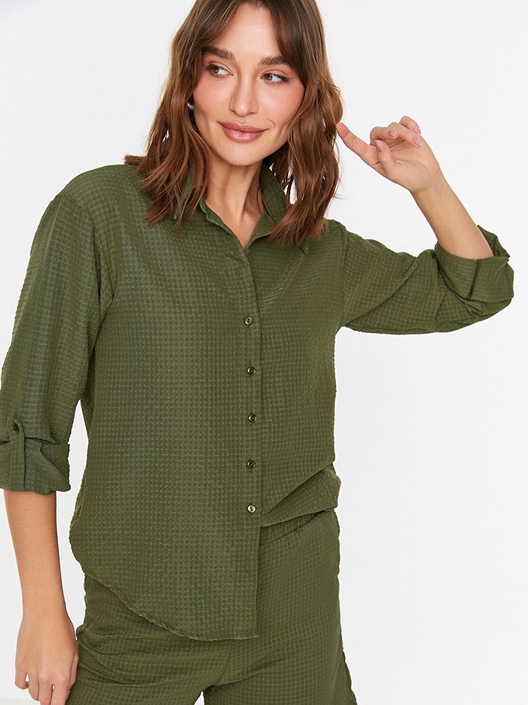 

Trendyol Women Olive Green Seersucker Casual Shirt