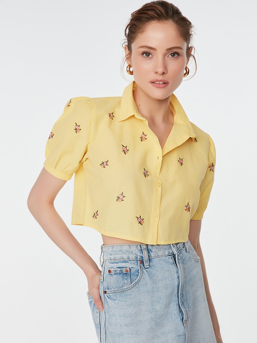 

Trendyol Women Yellow Floral Embroidered Casual Shirt