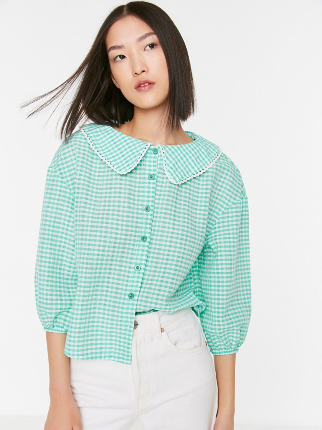 

Trendyol Women Green & White Micro Checked Casual Shirt
