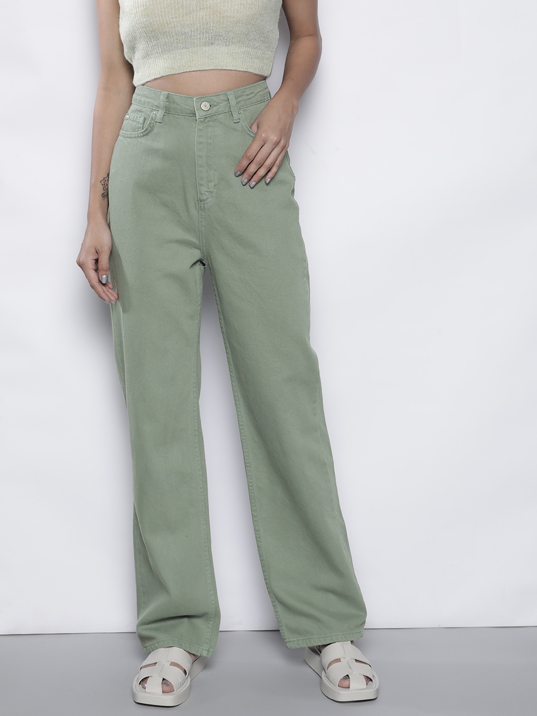 

Trendyol Women Green Wide Leg High-Rise Stretchable Jeans