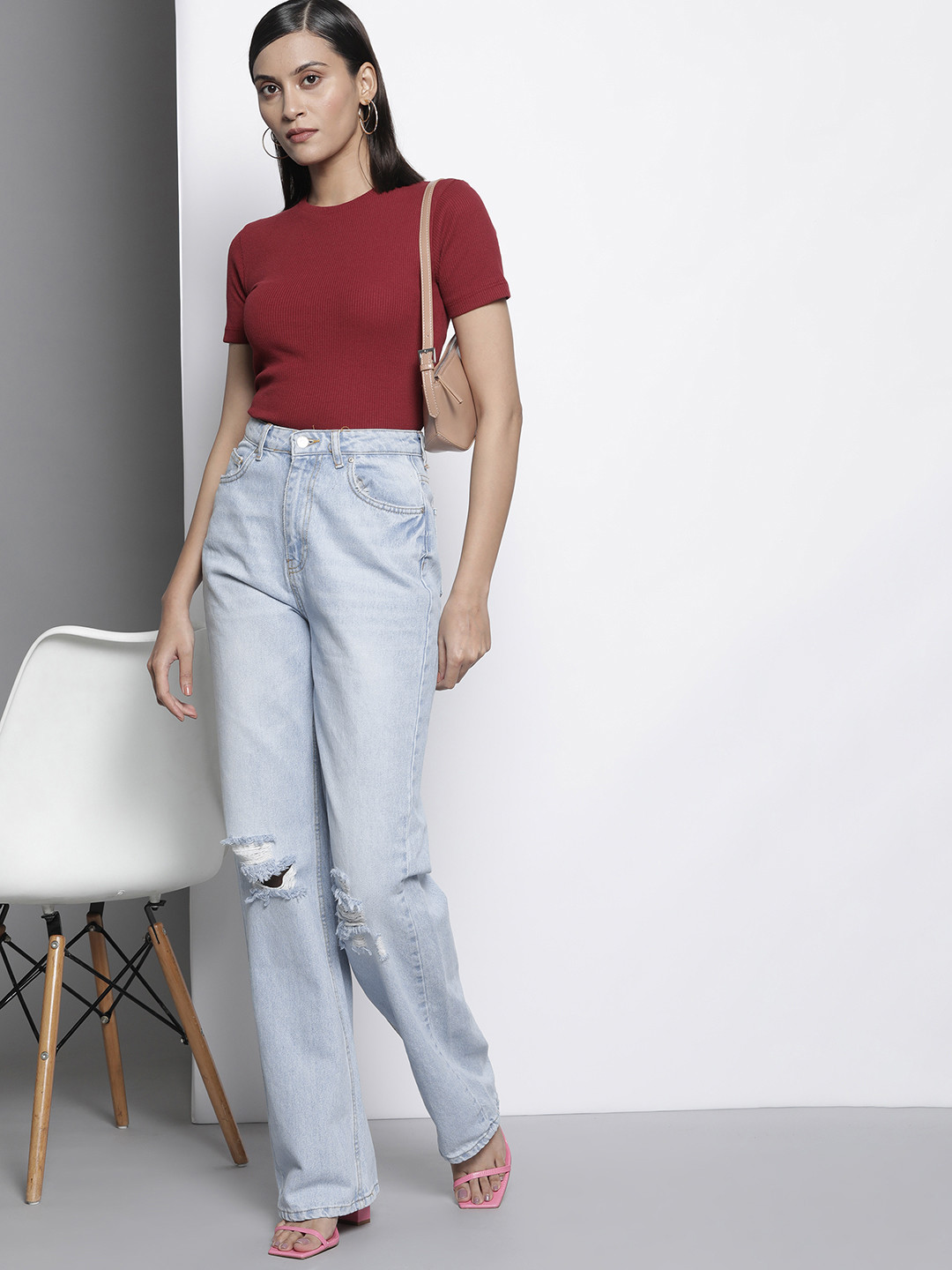 

Trendyol Women Blue Wide Leg High-Rise Pure Cotton Mildly Distressed Light Fade Jeans