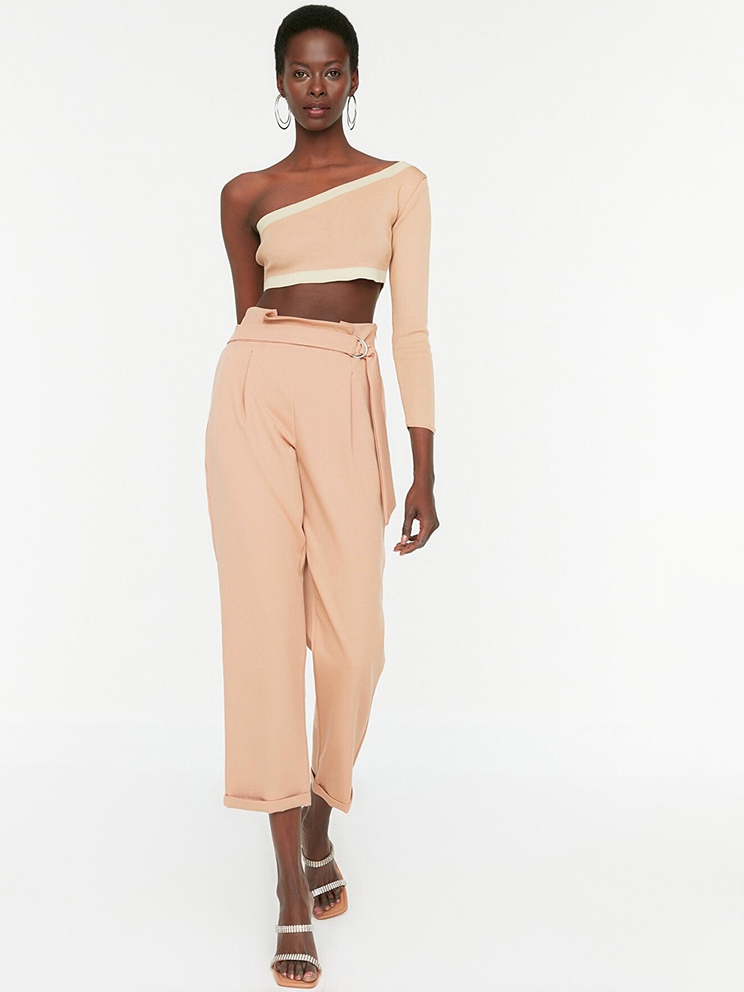 

Trendyol Women Beige High-Rise Pleated Trousers