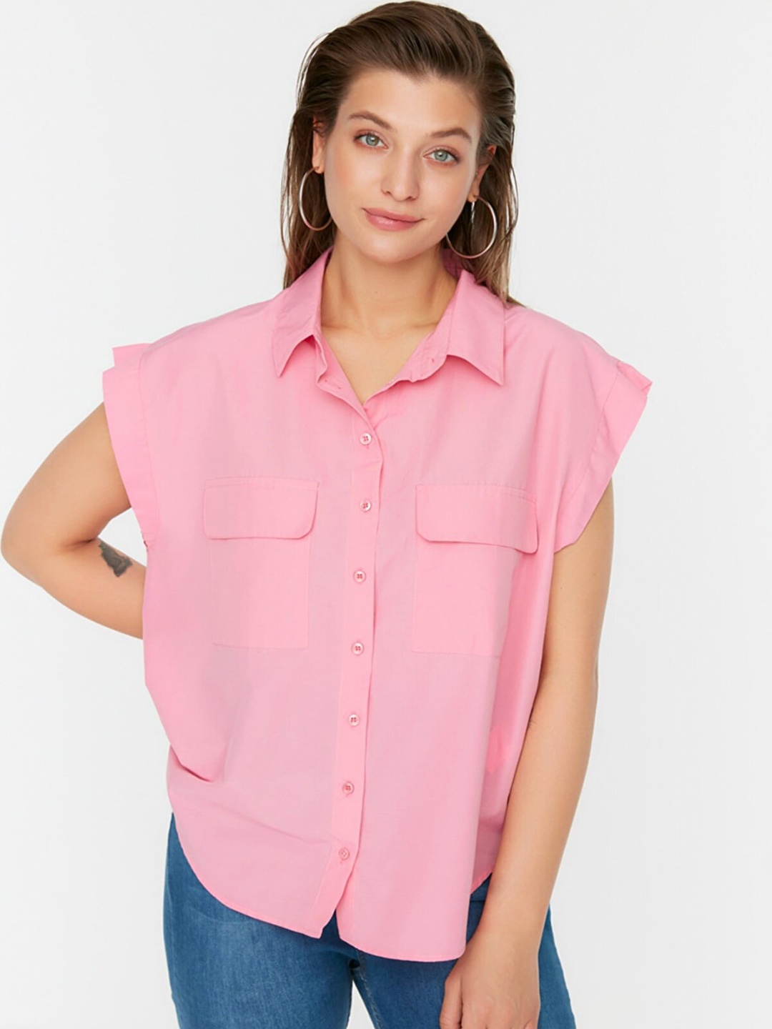

Trendyol Women Pink Solid Casual Shirt