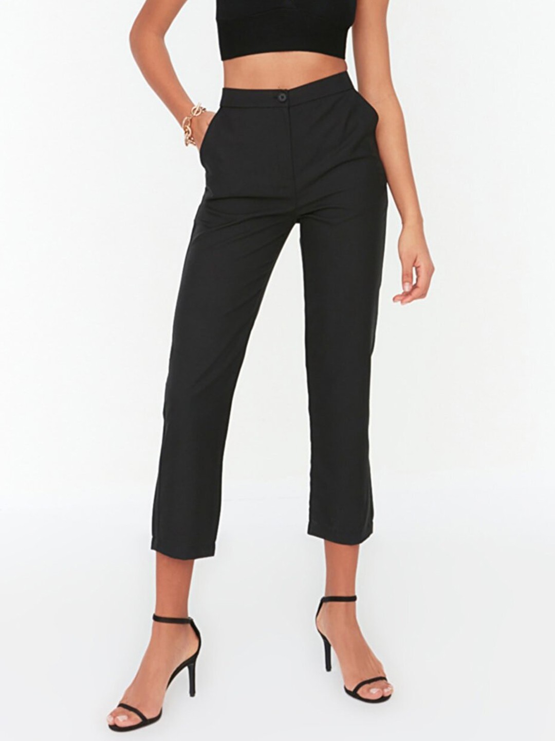 

Trendyol Women Black Straight Fit High-Rise Trousers