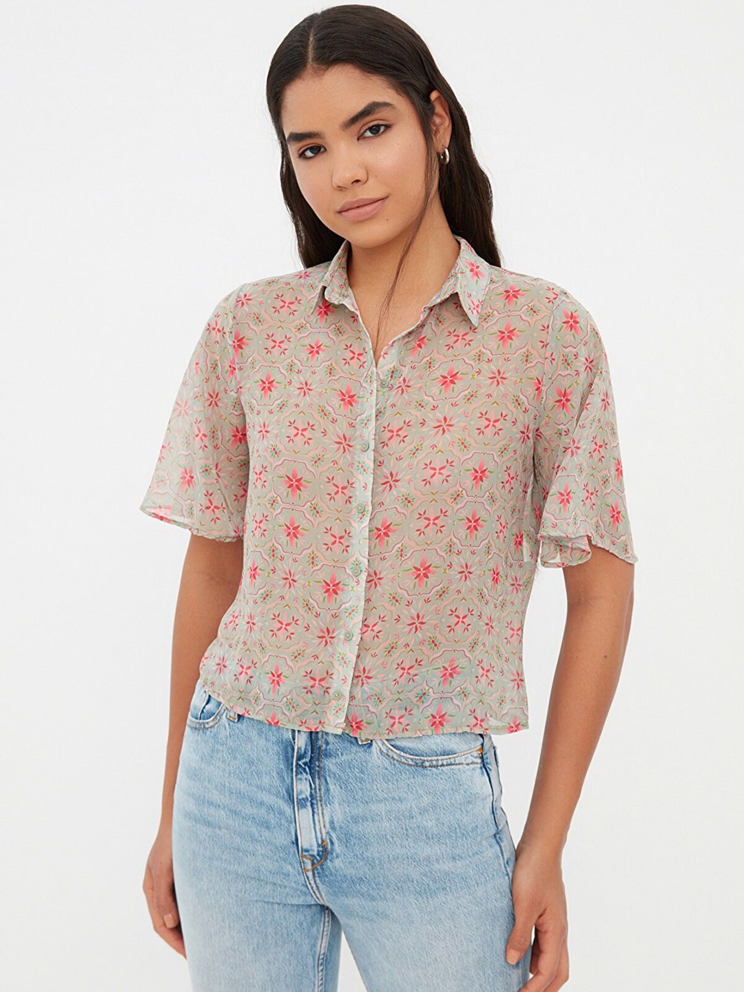 

Trendyol Women Green Semi Sheer Ethnic Printed Casual Shirt