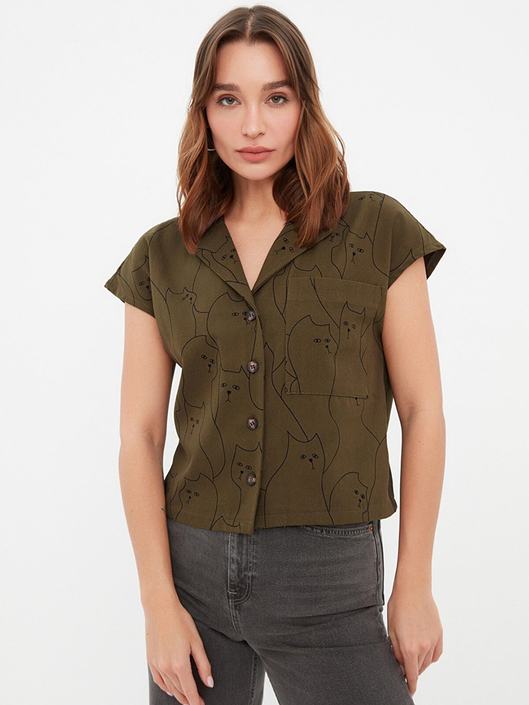 

Trendyol Women Olive Green Pure Cotton Conversational Printed Casual Shirt