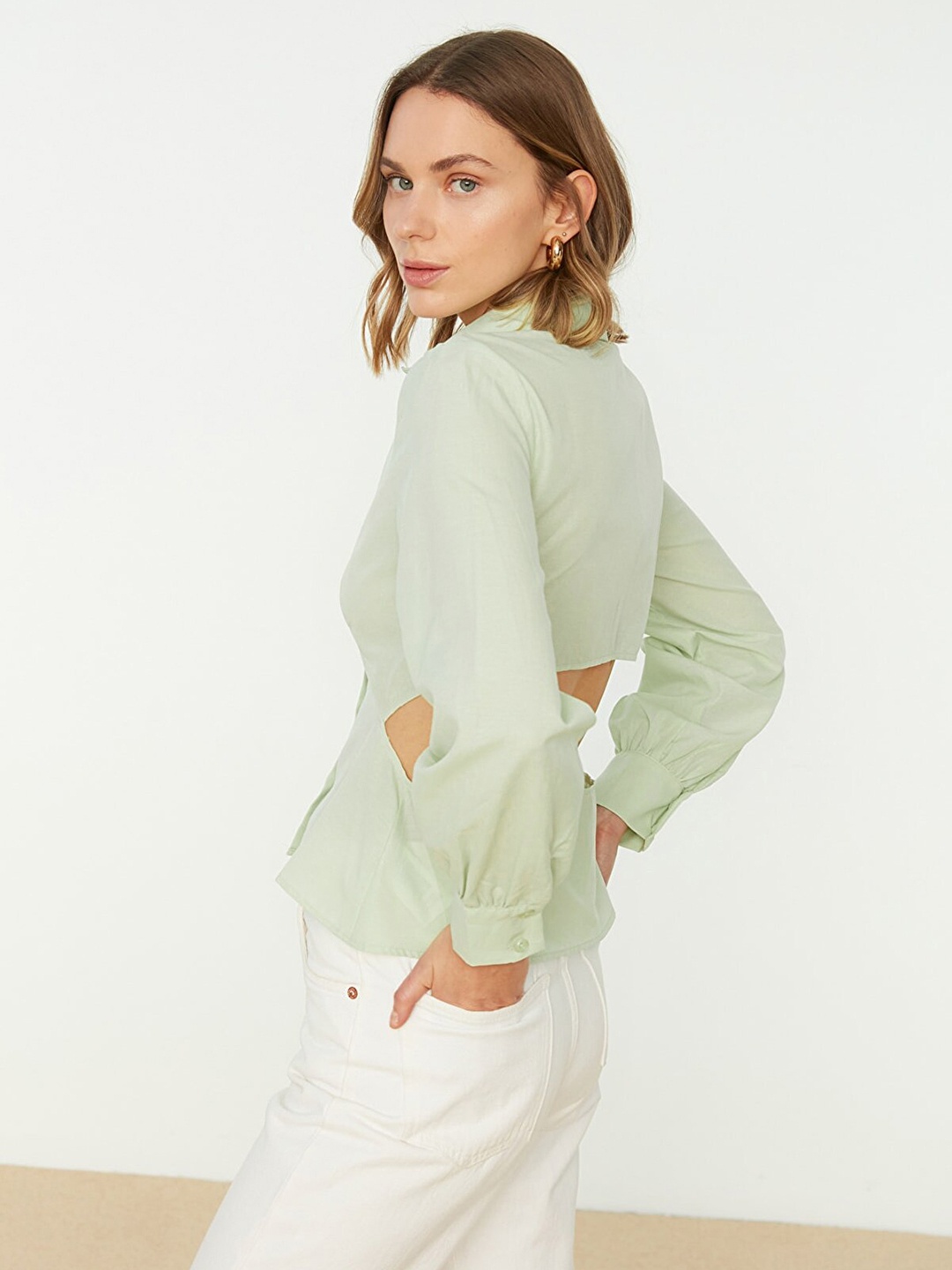 

Trendyol Women Green Solid Cut-Out Detail Casual Shirt