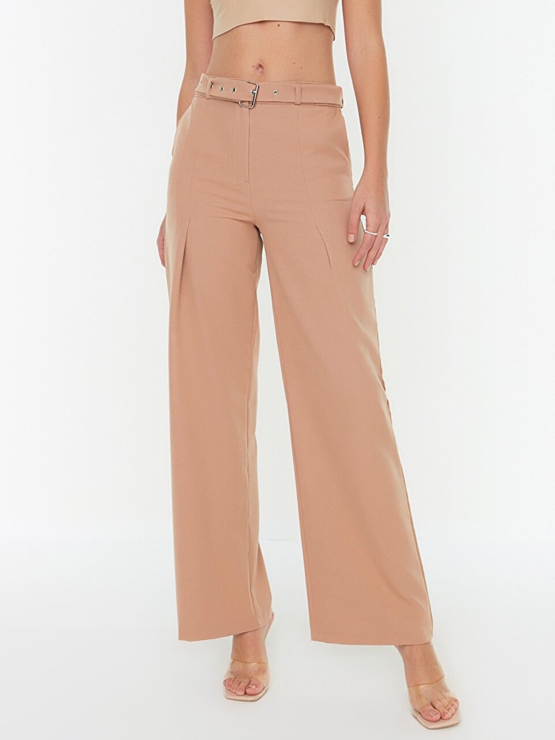 

Trendyol Women Beige Flared High-Rise Trousers