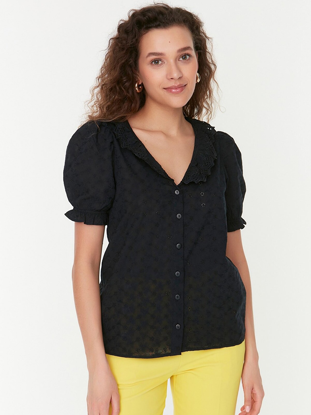 

Trendyol Women Black Pure Cotton Floral Embroidered Casual Shirt