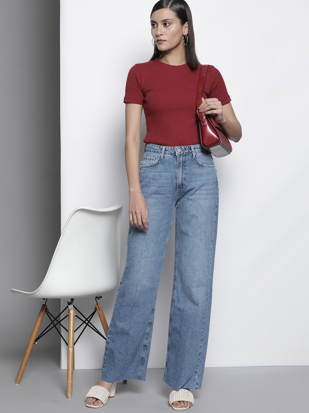 

Trendyol Women Blue Wide Leg High-Rise Pure Cotton Jeans