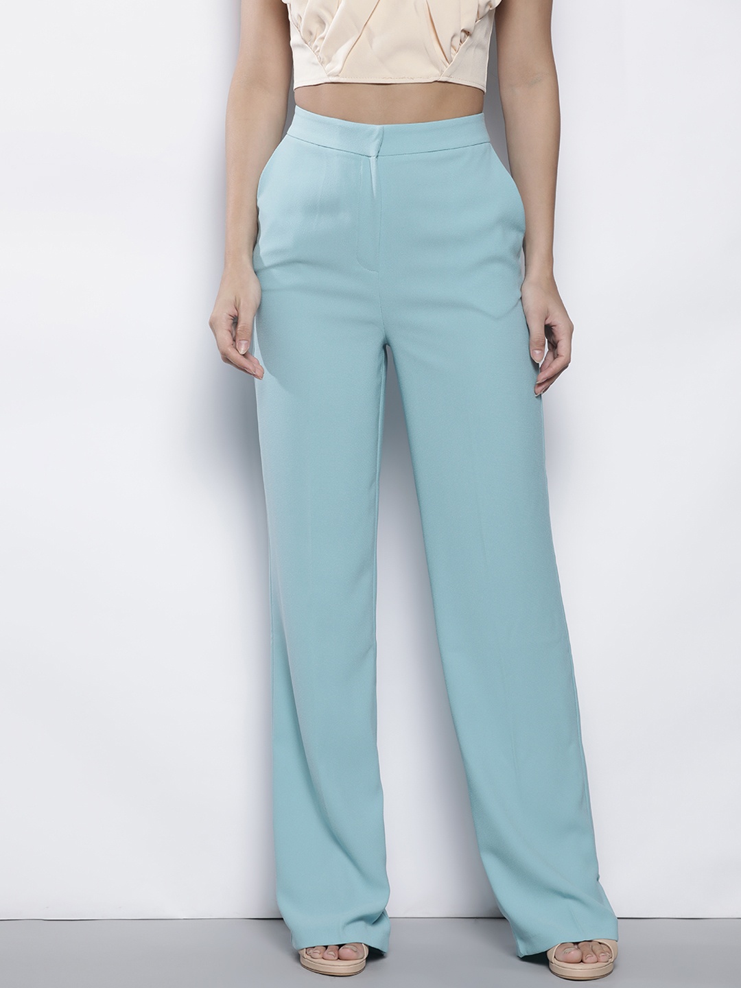 

Trendyol Women Sea Green Solid Flared High-Rise Trousers