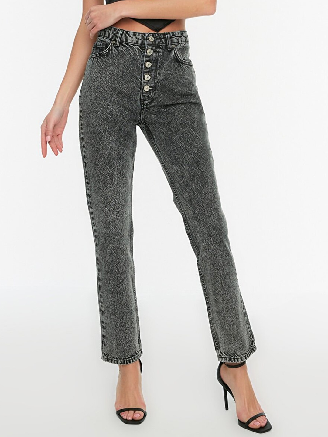 

Trendyol Women Charcoal Grey Pure Cotton High-Rise Jeans