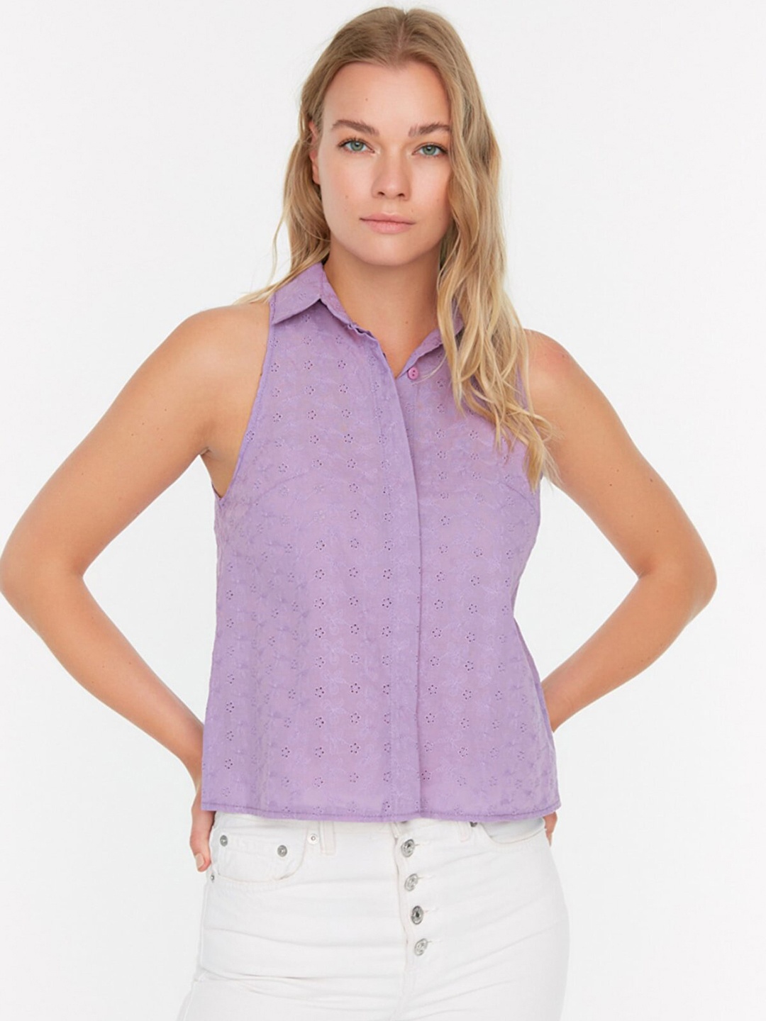 

Trendyol Women Lavender Pure Cotton Schiffli Embroidered Casual Shirt