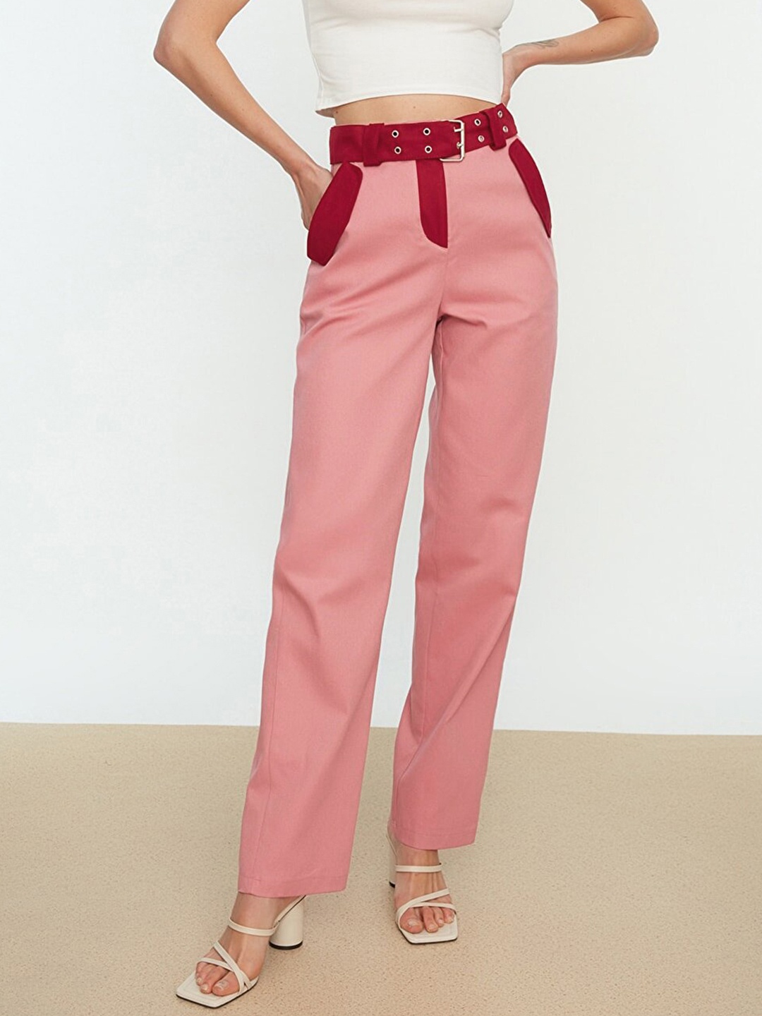 

Trendyol Women Pink Pure Cotton High-Rise Trousers with Belt