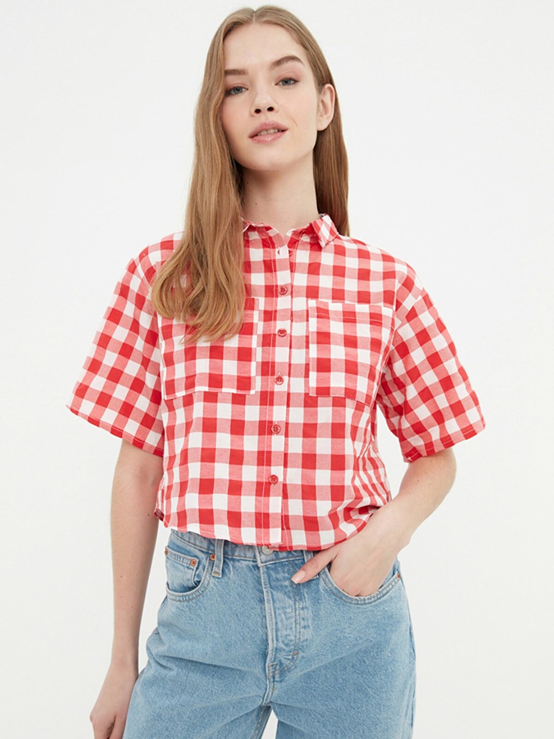 

Trendyol Women Red & White Checked Casual Shirt