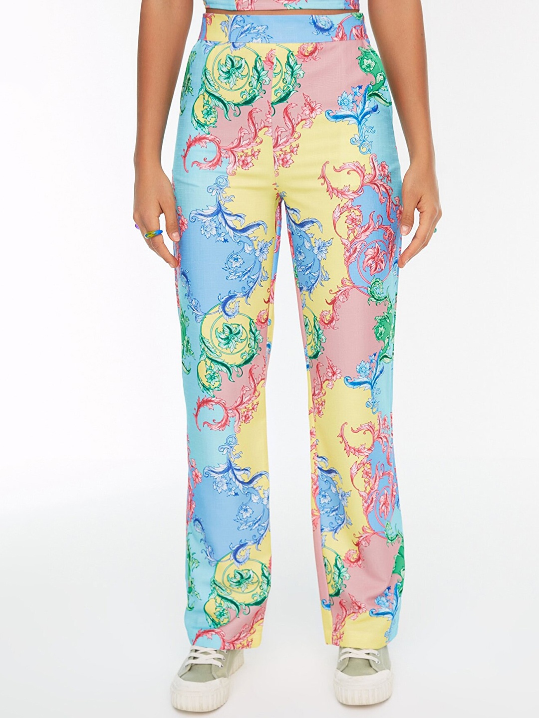 

Trendyol Women Blue & Yellow Ethnic Motifs Printed High-Rise Trousers