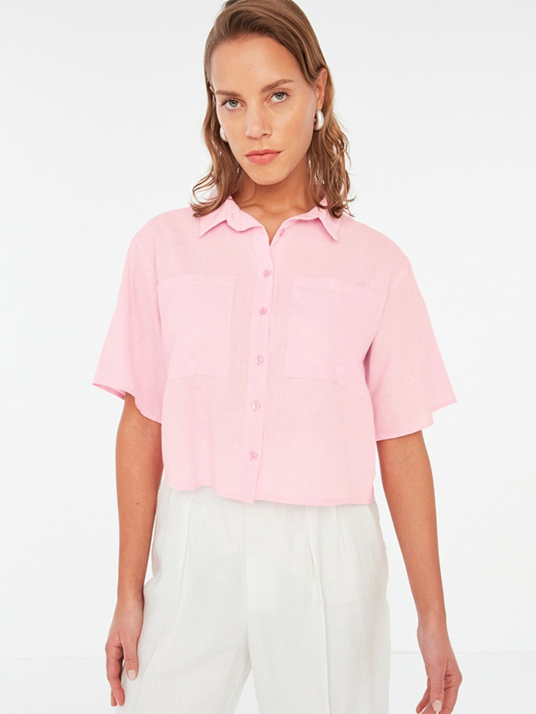 

Trendyol Women Pink Pure Cotton Solid Casual Shirt