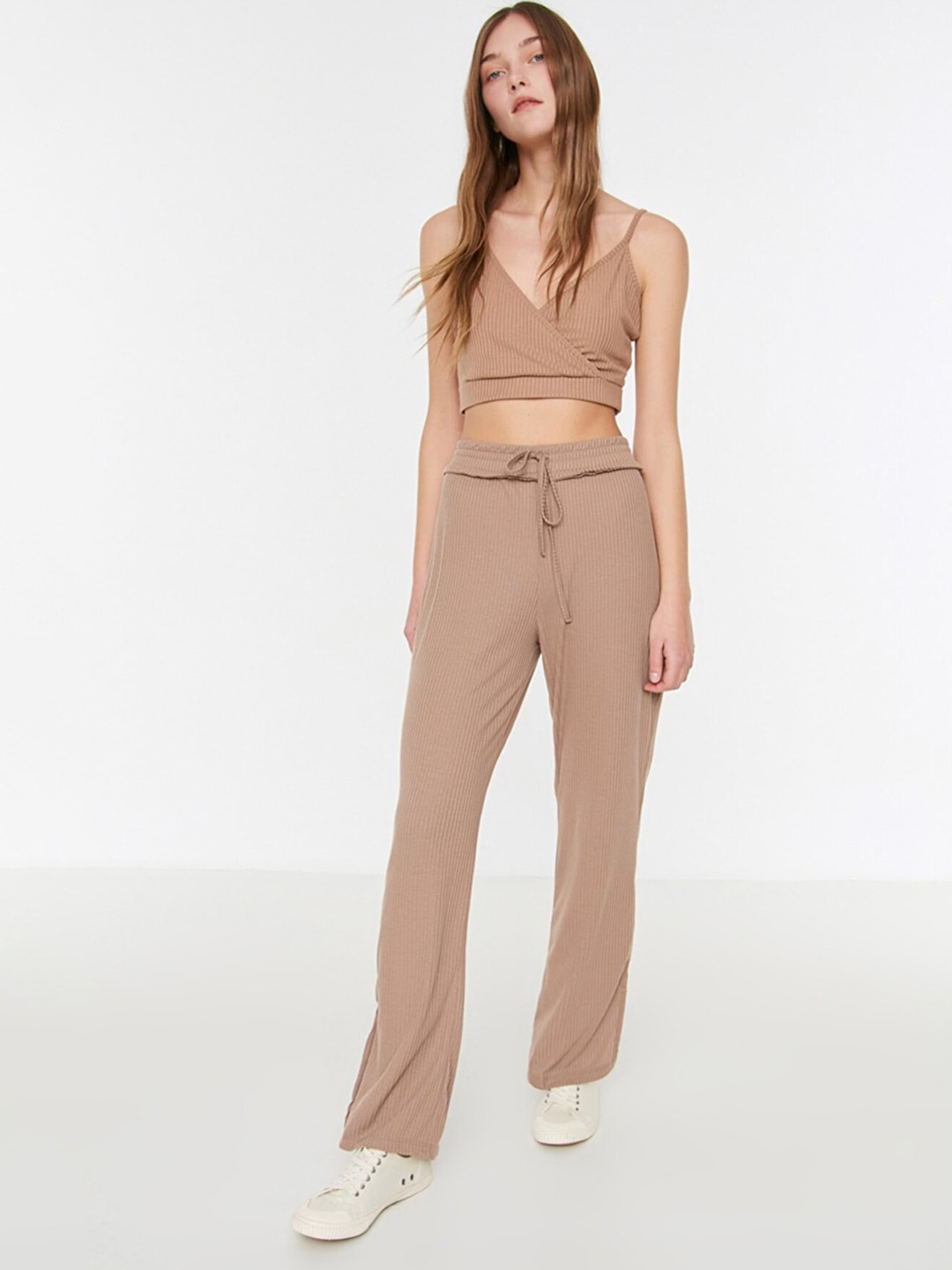 

Trendyol Women Brown Self Striped High-Rise Trousers
