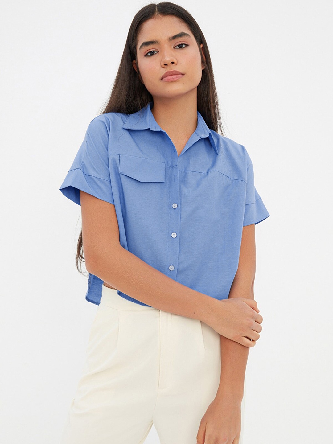

Trendyol Women Blue Solid Casual Shirt