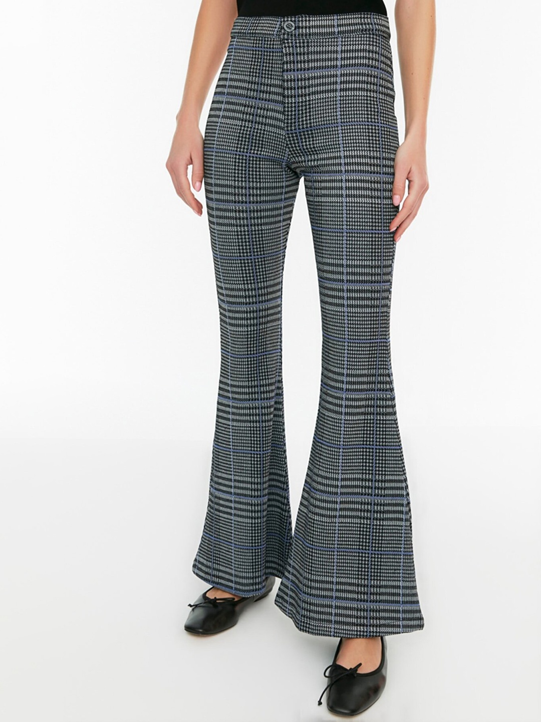 

Trendyol Women Black Checked Flared High-Rise Trousers