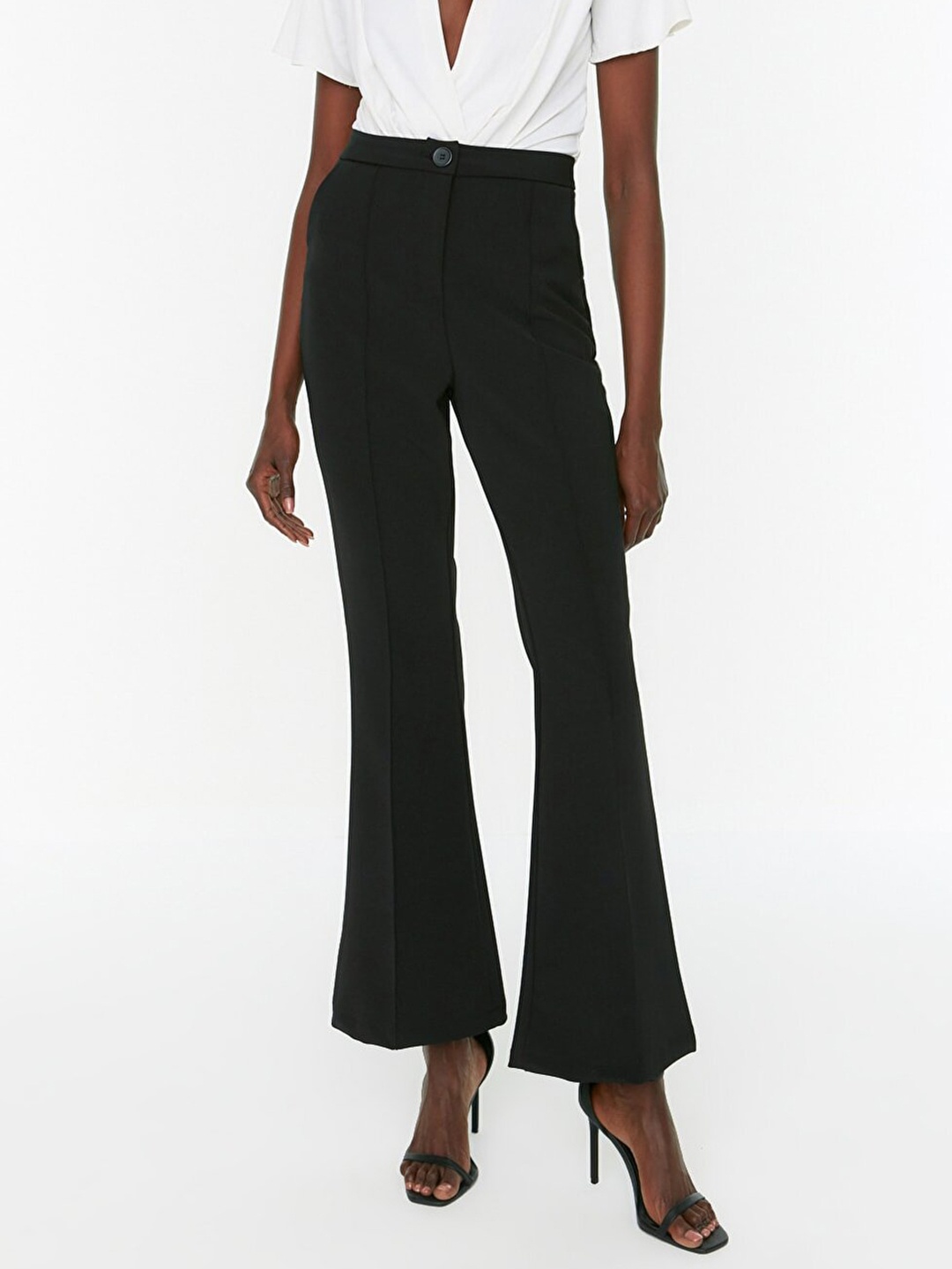 

Trendyol Women Black Flared High-Rise Pleated Trousers