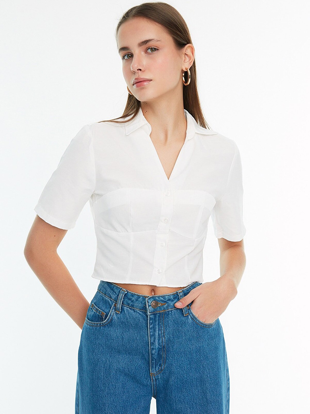 

Trendyol Women Off White Solid Casual Shirt