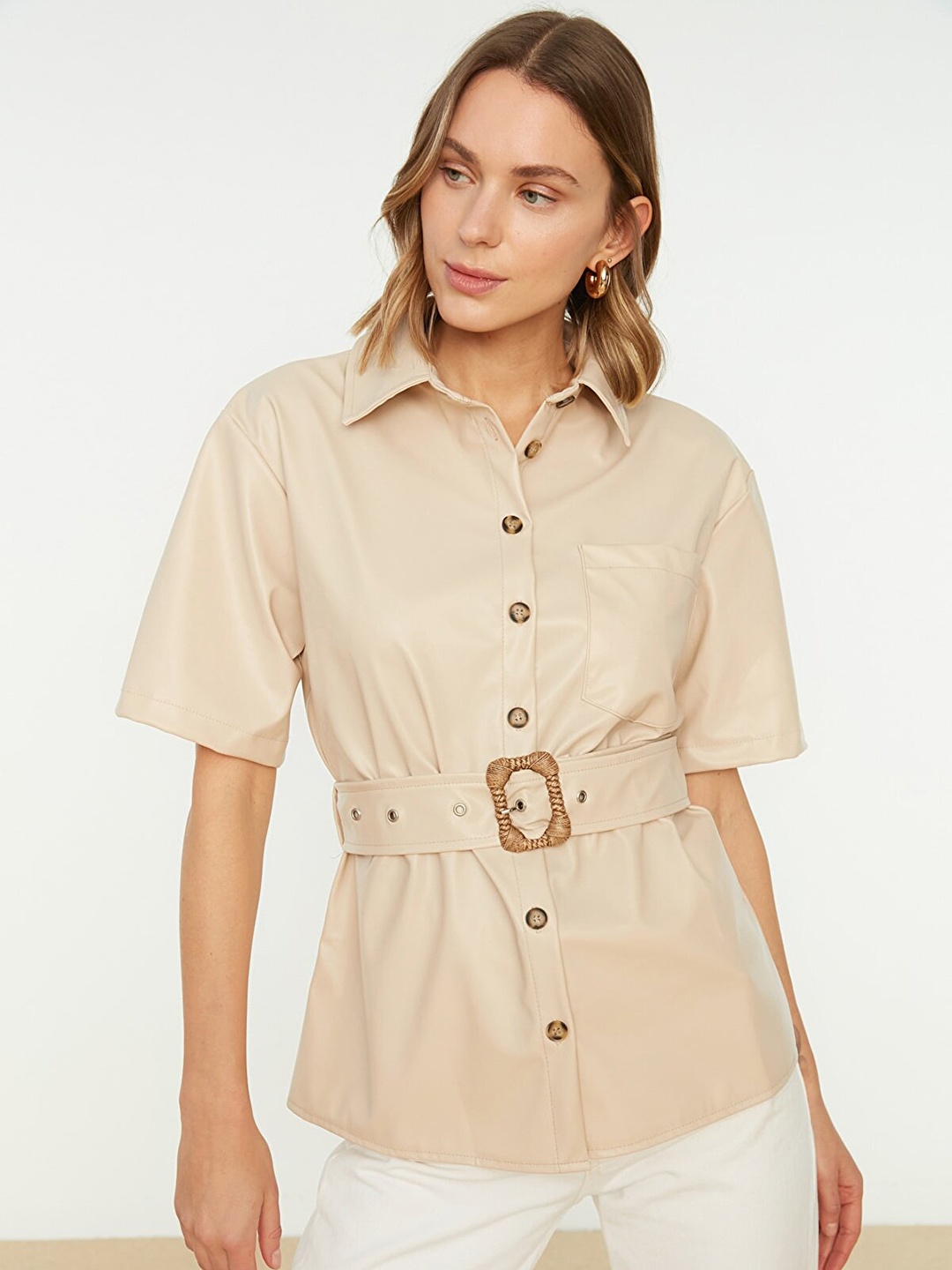 

Trendyol Women Beige PU Coated Casual Shirt with a Belt